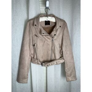C’EST TOI BLACK LABEL L Nude Tan Faux Suede Moto Biker Jacket